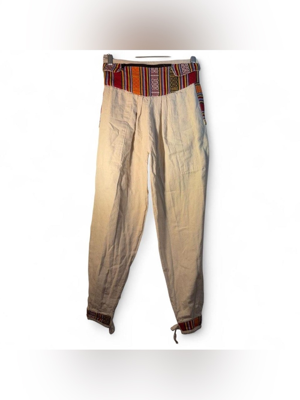 Boho Cream Ankle Pants with Multicolor Woven Waistband